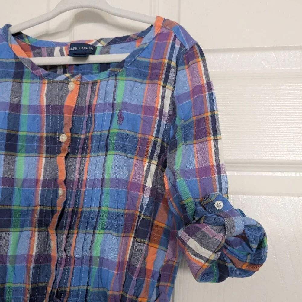 Ralph Lauren Plaid Dress Girls Size 6X Blue Roll Tab Sleeves Long Sleeve Preppy